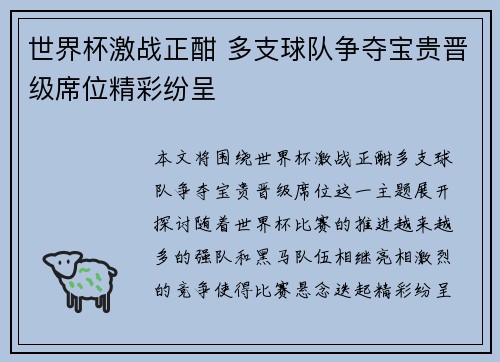 世界杯激战正酣 多支球队争夺宝贵晋级席位精彩纷呈