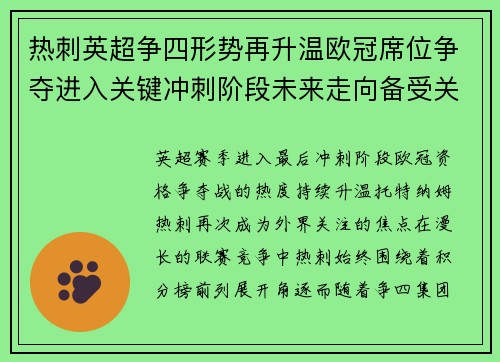 热刺英超争四形势再升温欧冠席位争夺进入关键冲刺阶段未来走向备受关注 热刺英超争四形势再升温欧冠席位争夺进入关键冲刺阶段未来走向备受关注